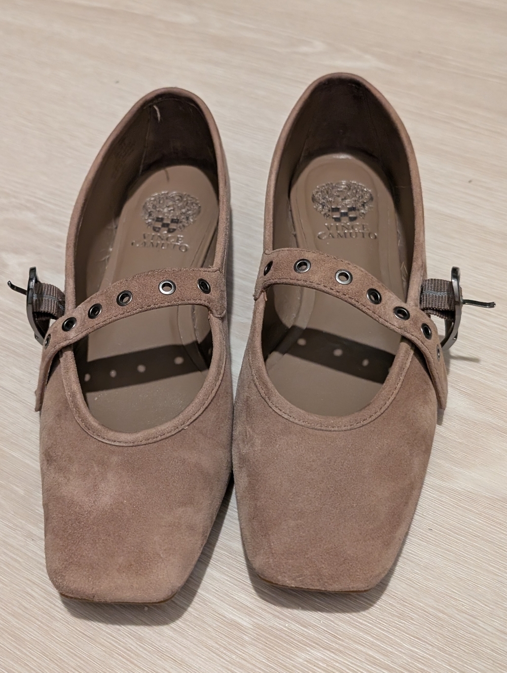 Vince Camuto Taupe Suede Mary Jane Flats with Grommet Strap
